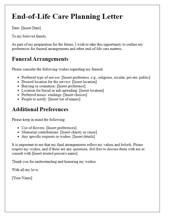 Letter template of end-of-life care planning for funeral arrangements