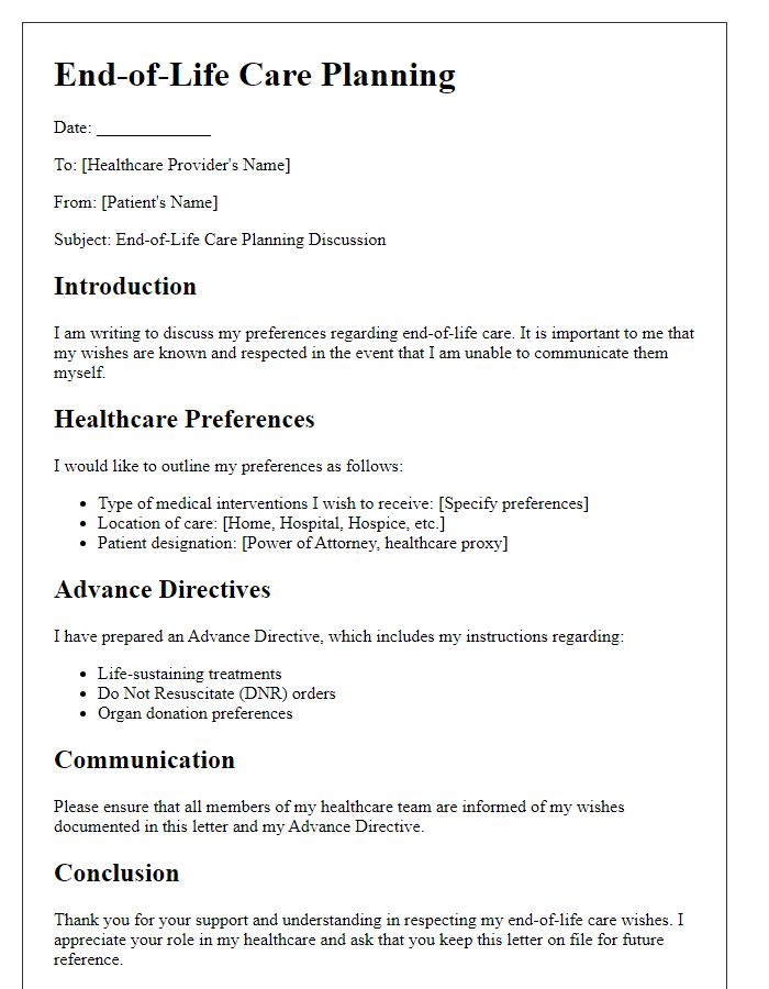 Letter template of end-of-life care planning for healthcare providers