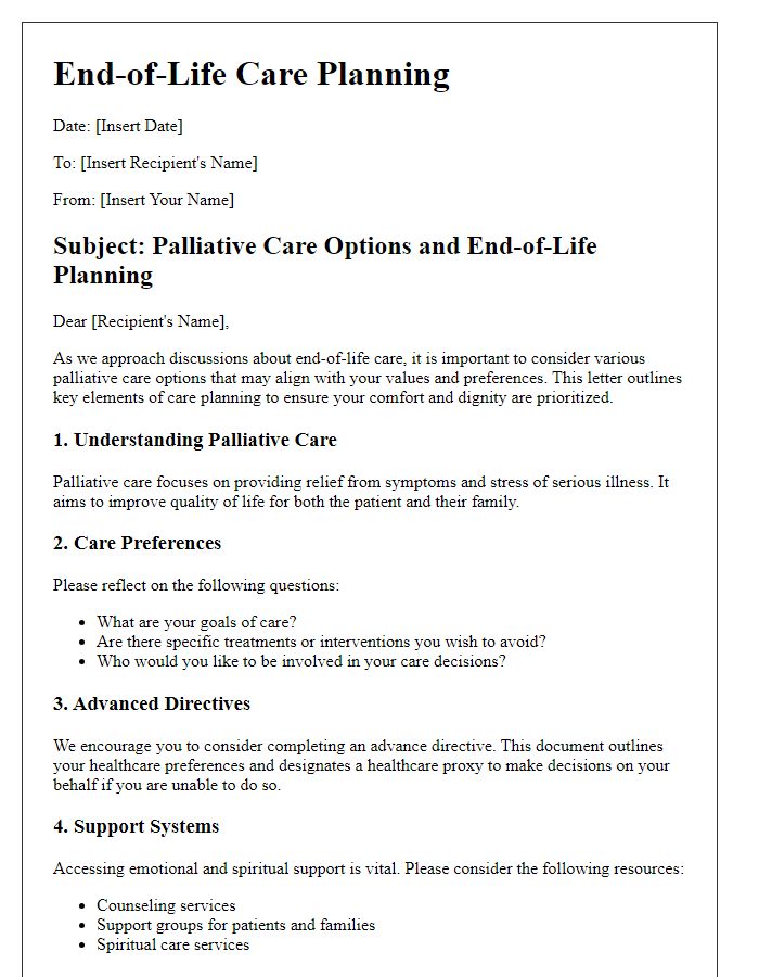 Letter template of end-of-life care planning for palliative care options