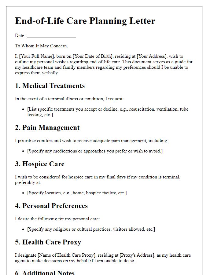 Letter template of end-of-life care planning for personal wishes documentation