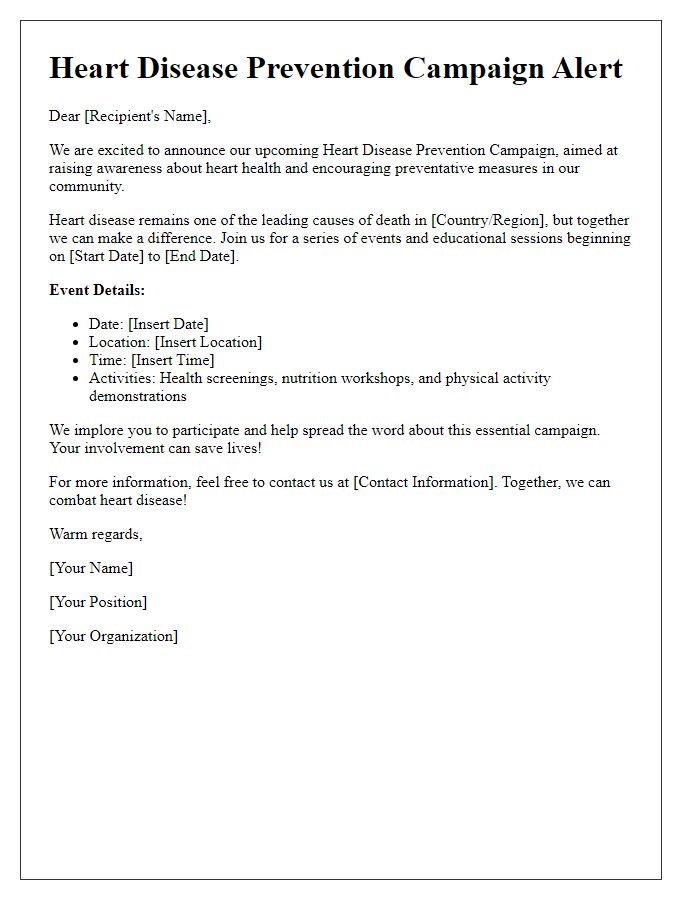 Letter template of heart disease prevention campaign alert