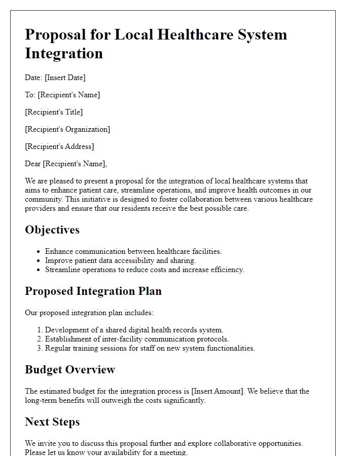 Letter template of local healthcare system integration proposal