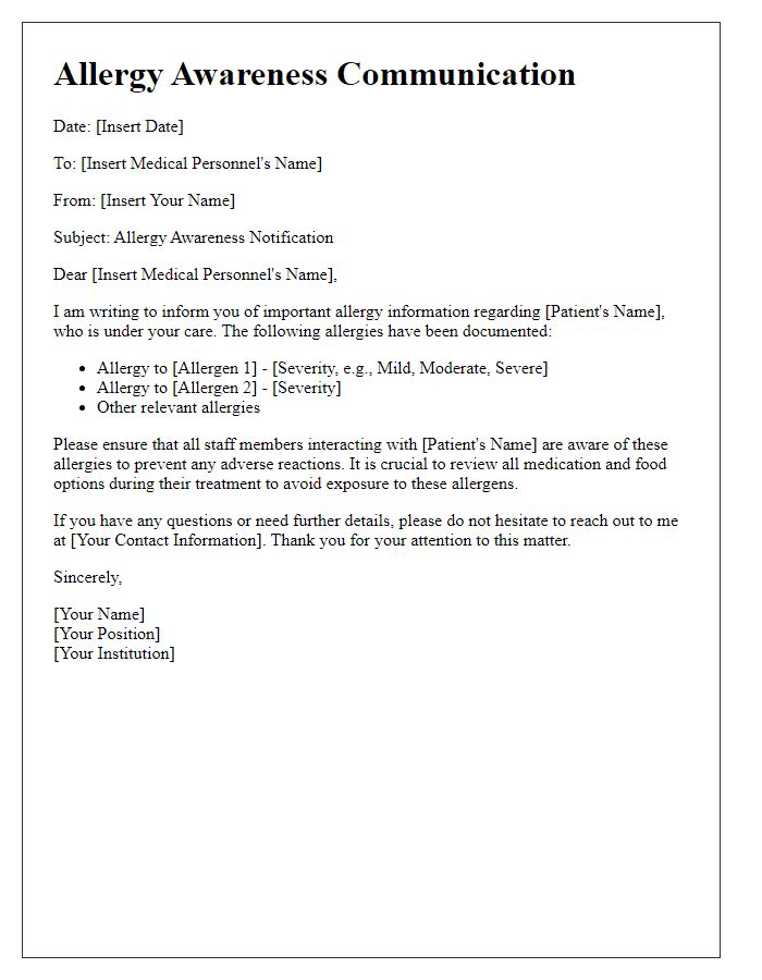 Letter template of allergy awareness communication for medical personnel