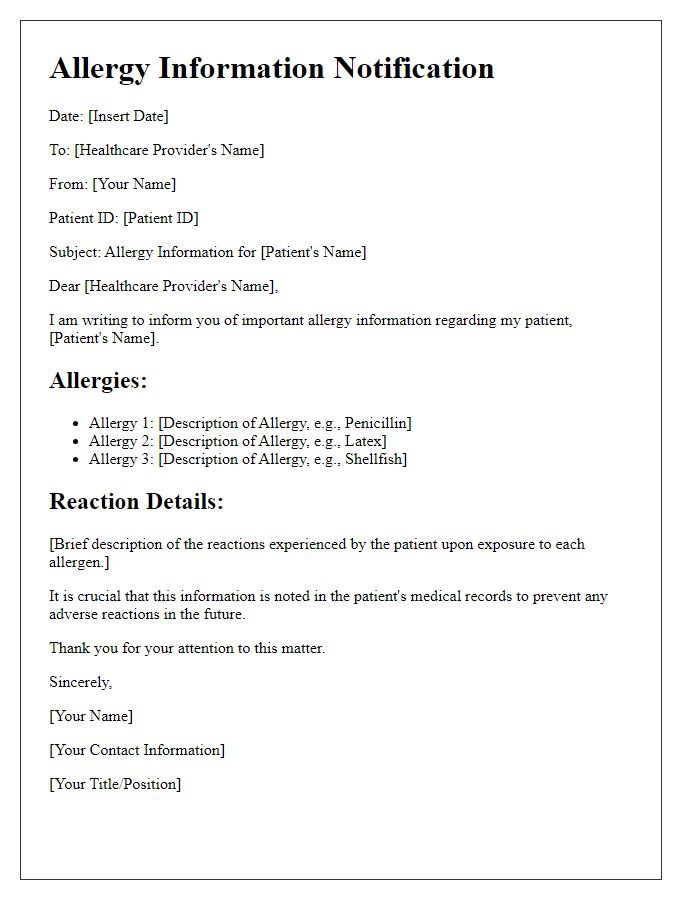 Letter template of allergy information notification for healthcare provider