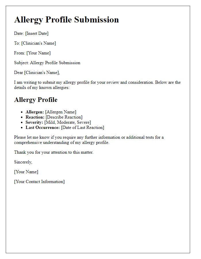 Letter template of allergy profile submission for clinician use