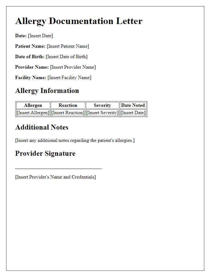 Letter template of allergy specifics for healthcare documentation