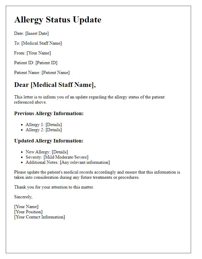 Letter template of allergy status update for medical staff