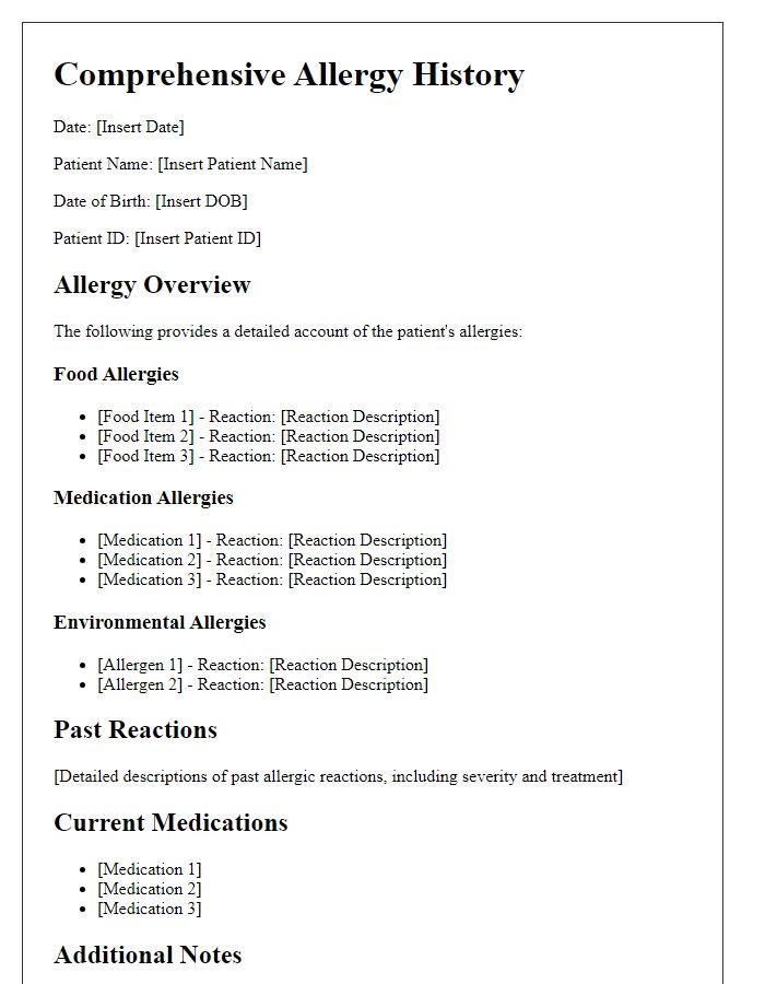 Letter template of comprehensive allergy history for healthcare team