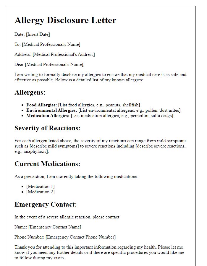 Letter template of detailed allergy disclosure to medical professional