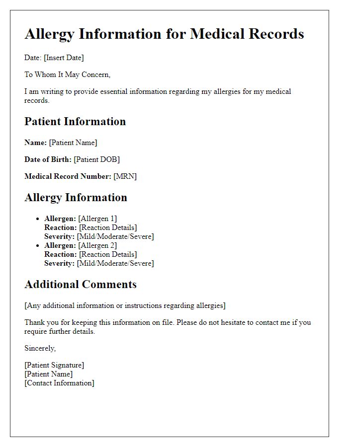 Letter template of essential allergy details for doctors records