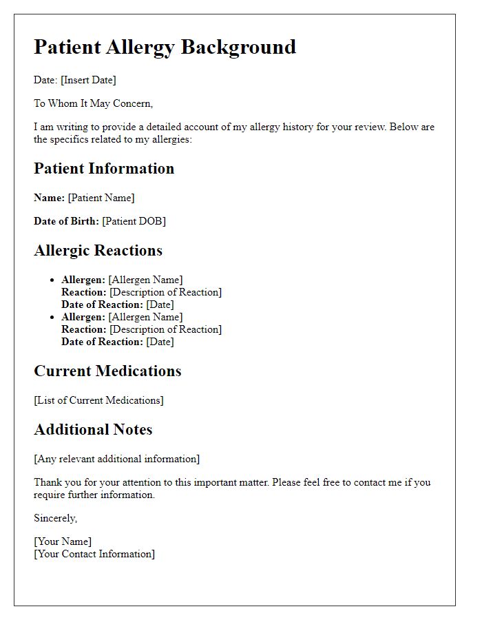 Letter template of patient allergy background for physician review