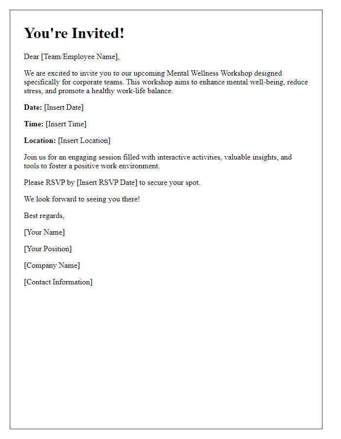 Letter template of invitation to mental wellness workshop for corporate teams