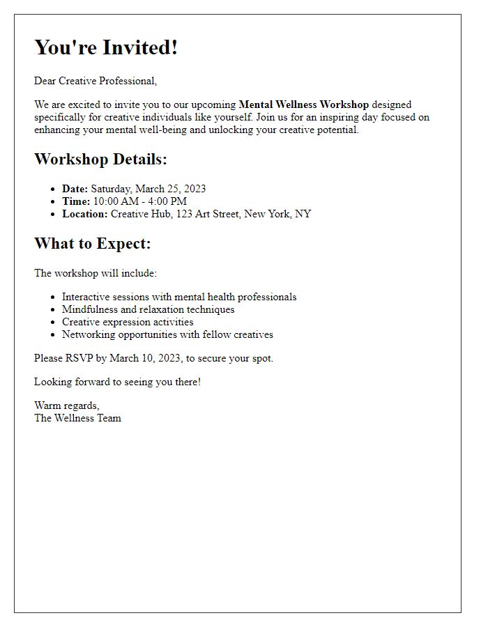 Letter template of invitation to mental wellness workshop for creative professionals