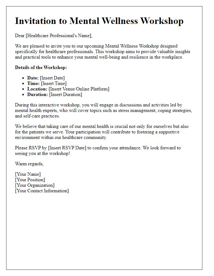 Letter template of invitation to mental wellness workshop for healthcare professionals