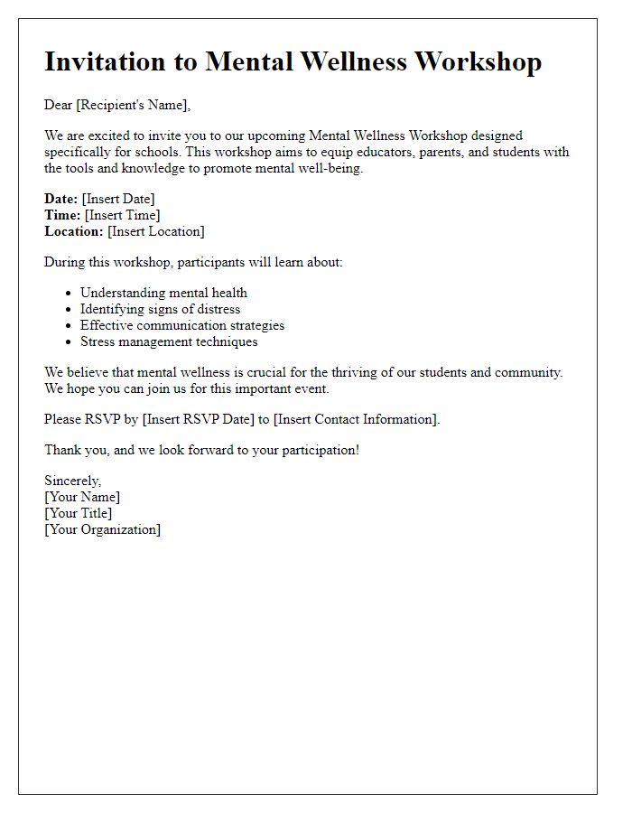 Letter template of invitation to mental wellness workshop for schools