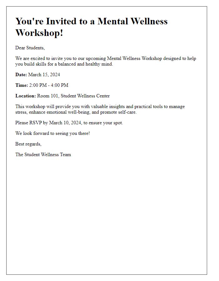 Letter template of invitation to mental wellness workshop for students