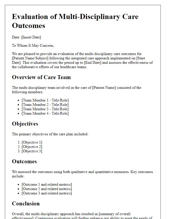 Letter template of evaluation for multi-disciplinary care outcomes