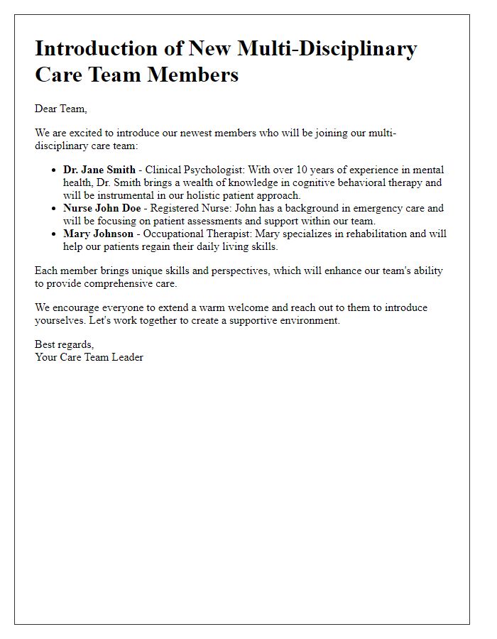 Letter template of introduction for new multi-disciplinary care team members