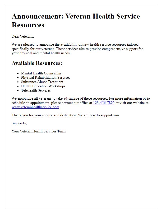 Letter template of announcement for veteran health service resources.