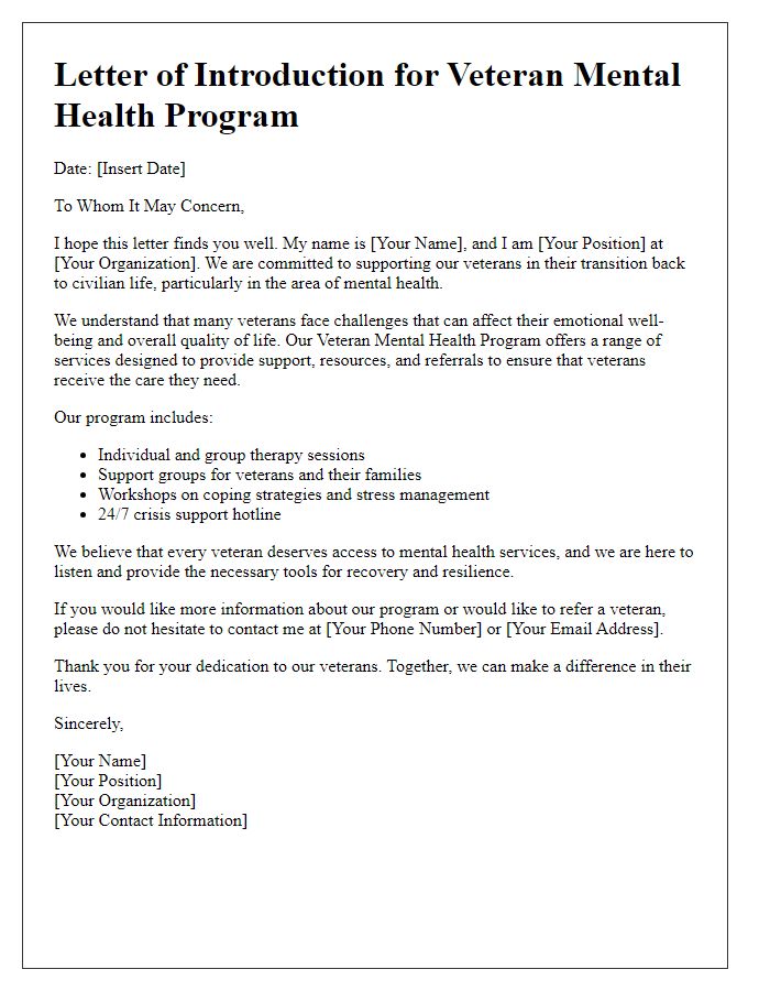 Letter template of introduction for veteran mental health program.