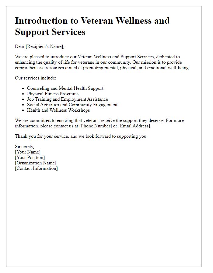 Letter template of introduction for veteran wellness and support services.