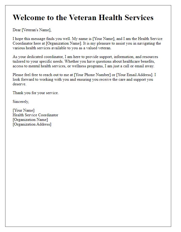 Letter template of introductory message from veteran health service coordinator.