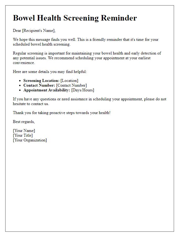 Letter template of bowel health screening reminder