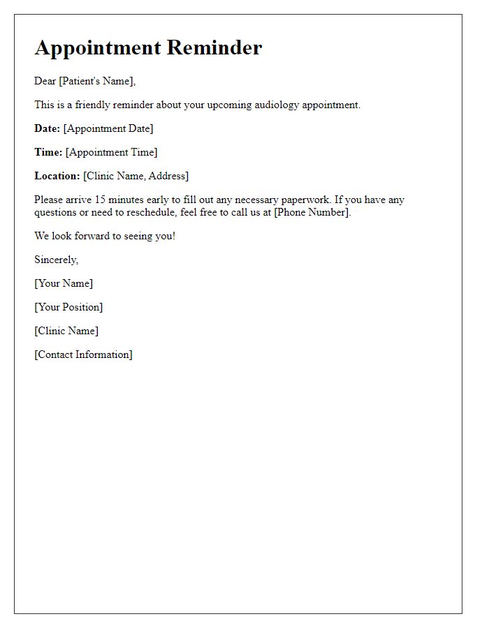 Letter template of audiology service appointment reminder