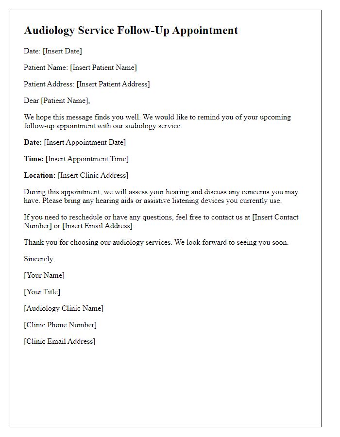 Letter template of audiology service follow-up appointment