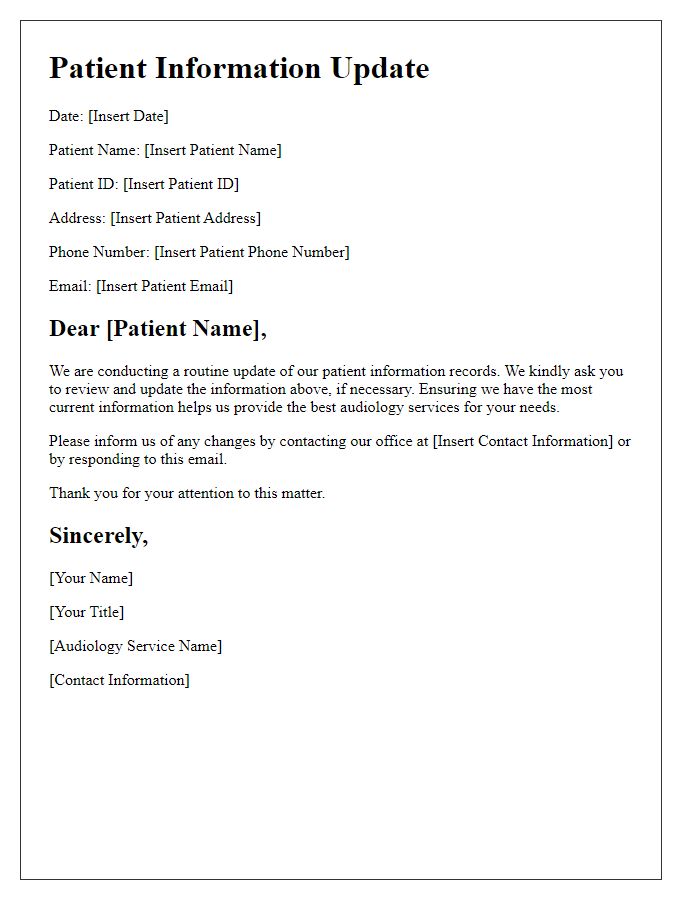 Letter template of audiology service patient information update