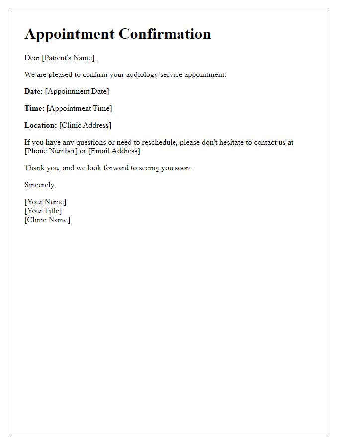 Letter template of audiology service scheduling confirmation