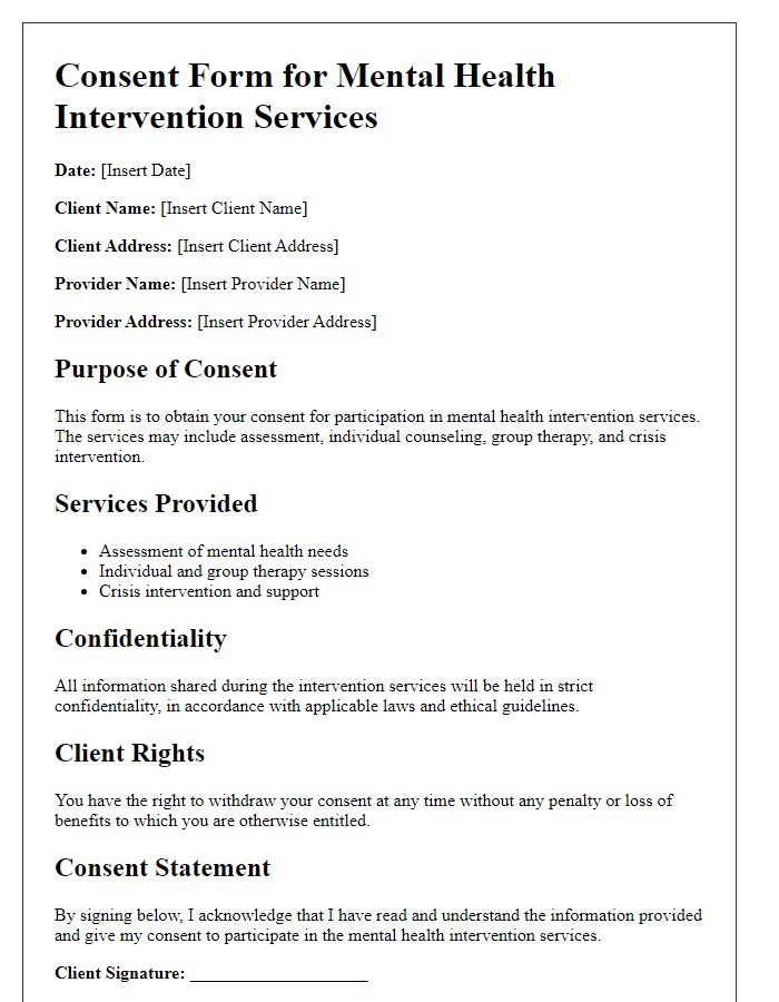 Letter template of consent form for mental health intervention services.