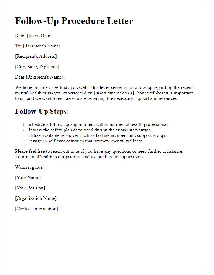 Letter template of follow-up procedure for mental health crisis cases.