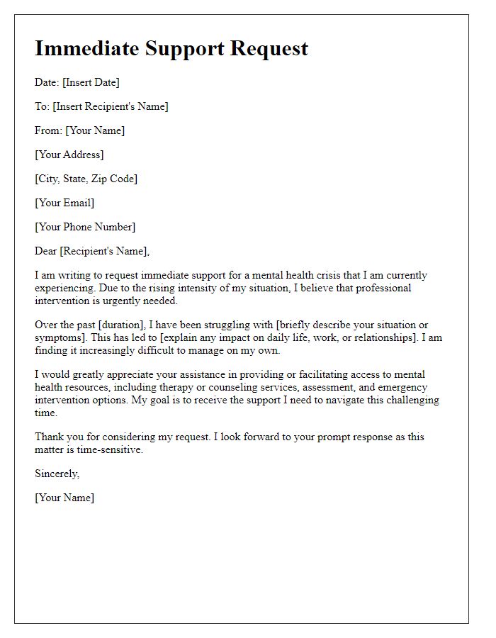 Letter template of immediate support request for mental health crisis intervention.