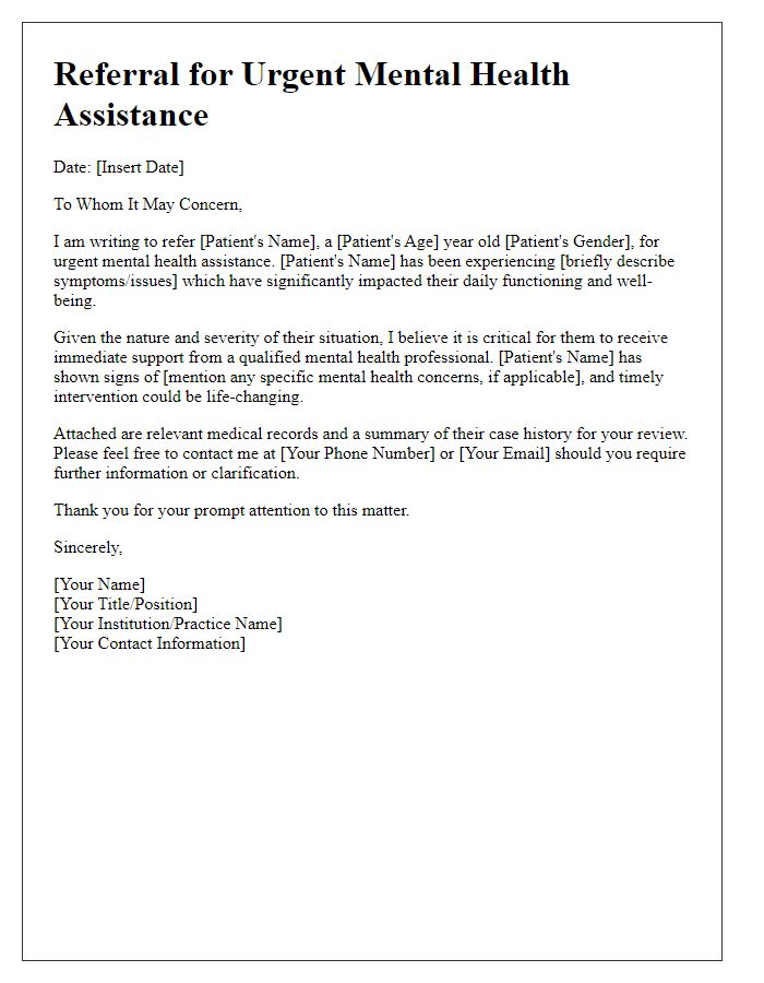 Letter template of referral for urgent mental health assistance.