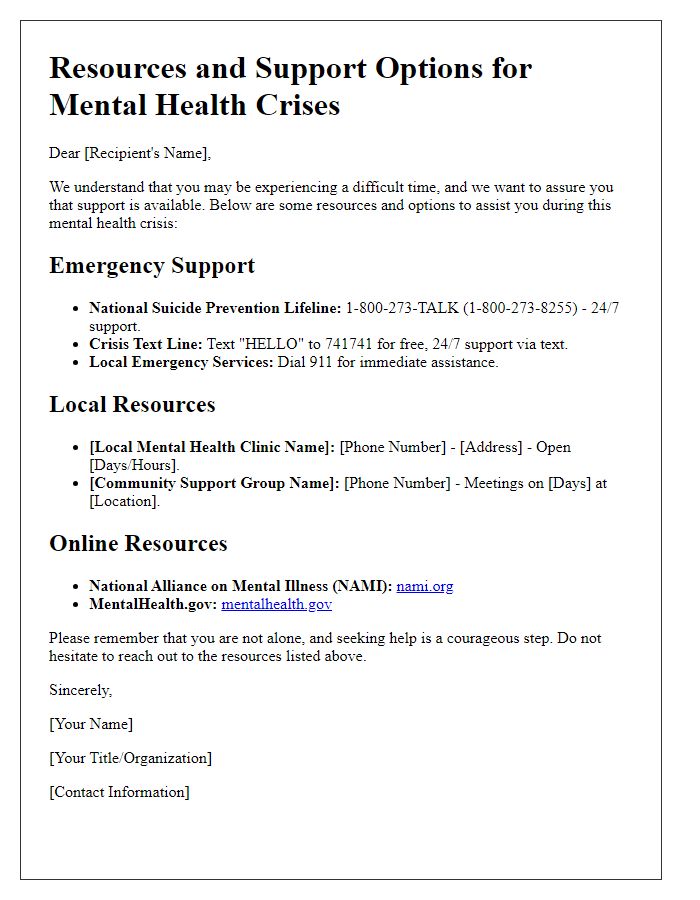 Letter template of resources and support options for mental health crises.