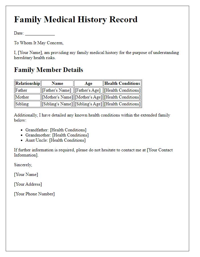 Letter template of family medical history record