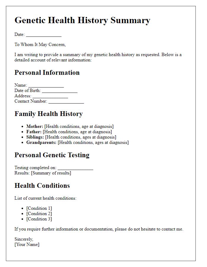 Letter template of genetic health history summary