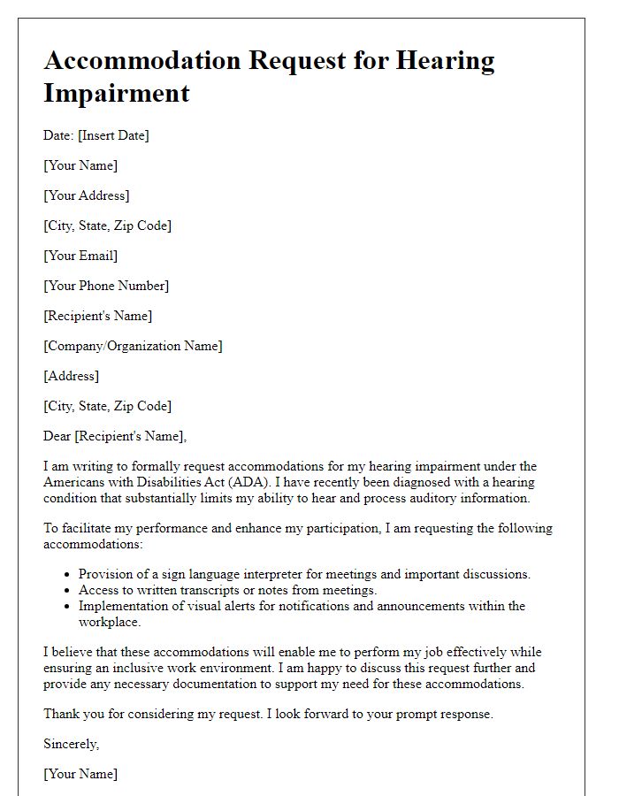 Letter template of ADA accommodation request for hearing impairment.