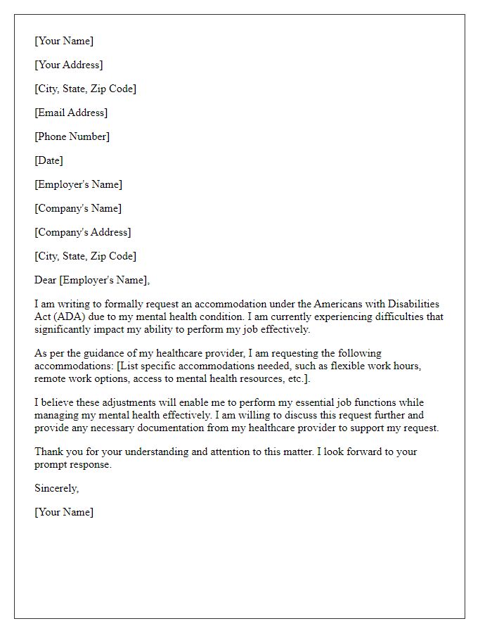 Letter template of ADA accommodation request for mental health needs.