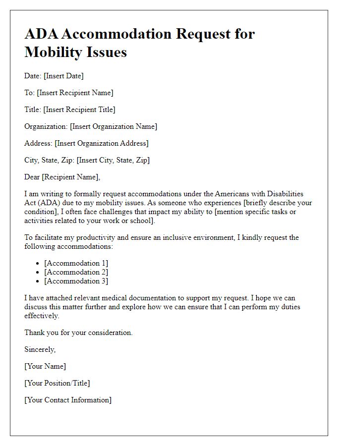 Letter template of ADA accommodation request for mobility issues.