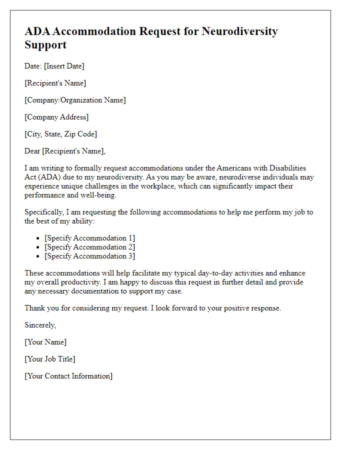 Letter template of ADA accommodation request for neurodiversity support.