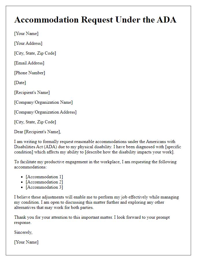 Letter template of ADA accommodation request for physical disability.