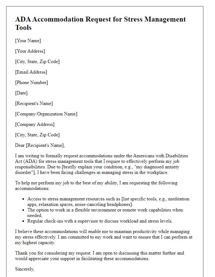 Letter template of ADA accommodation request for stress management tools.