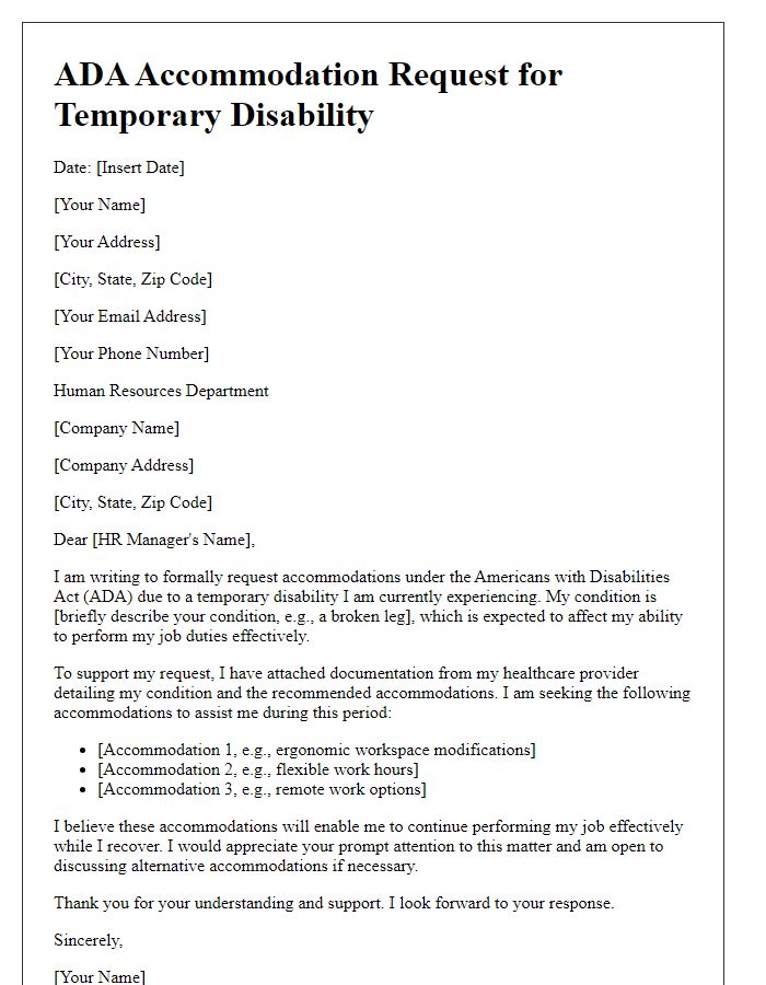 Letter template of ADA accommodation request for temporary disability.