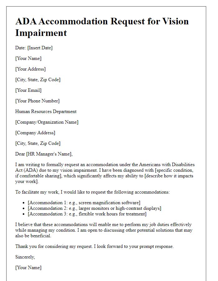 Letter template of ADA accommodation request for vision impairment.