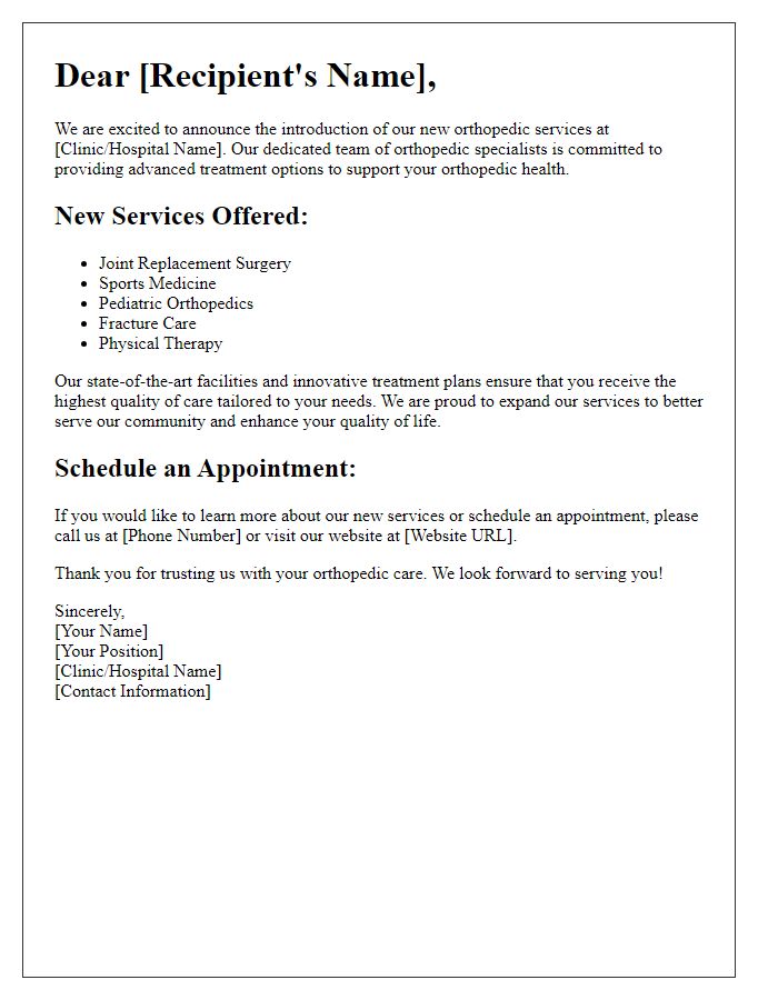 Letter template of new orthopedic services introduction