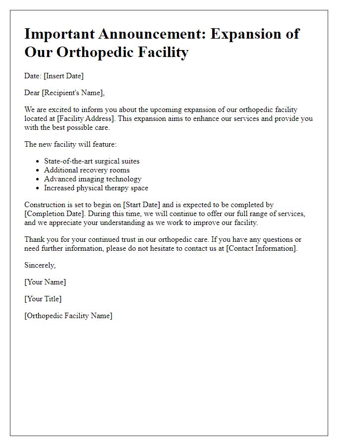 Letter template of orthopedic facility expansion information