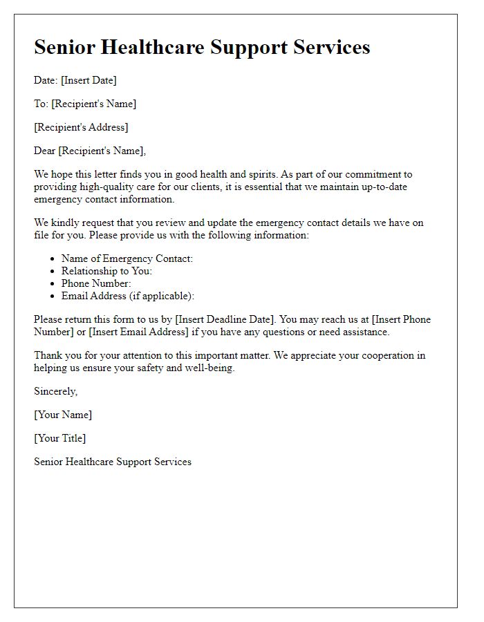 Letter template of senior healthcare support services for emergency contact updates.