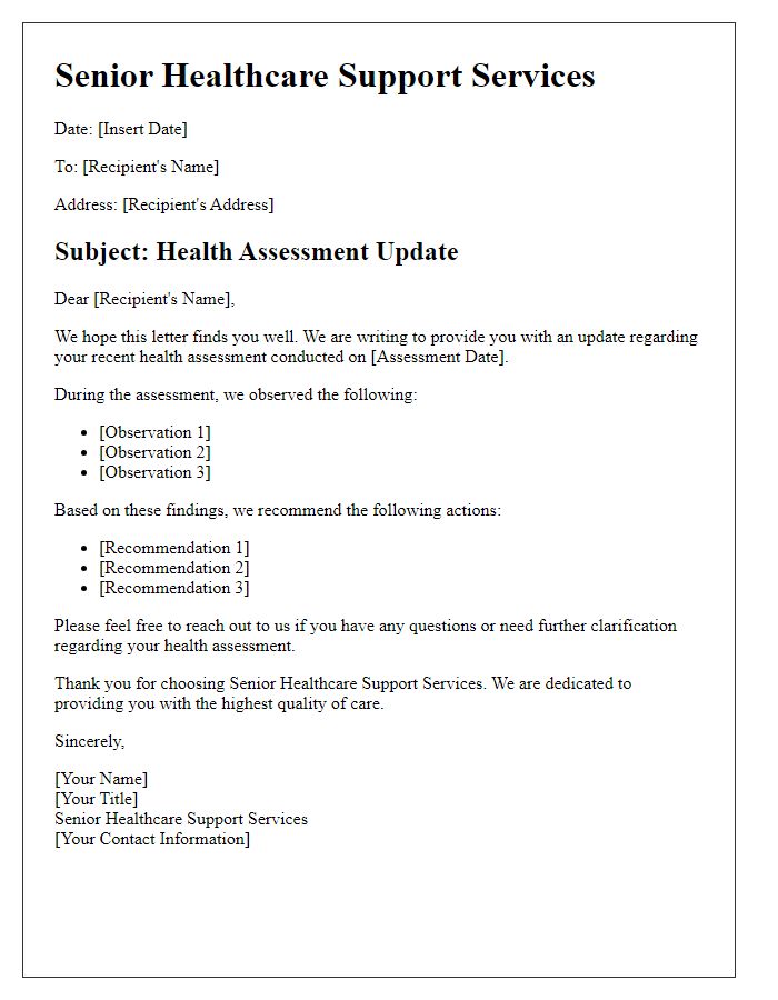 Letter template of senior healthcare support services for health assessment updates.